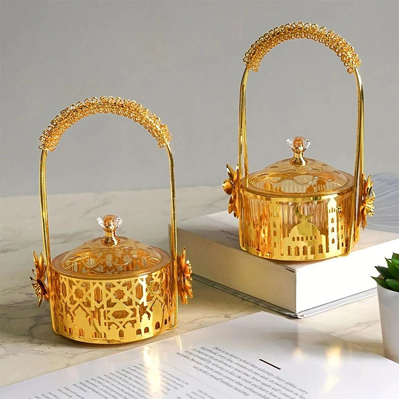 Panier doré à anse et coupelle en verre — 18,5 cm