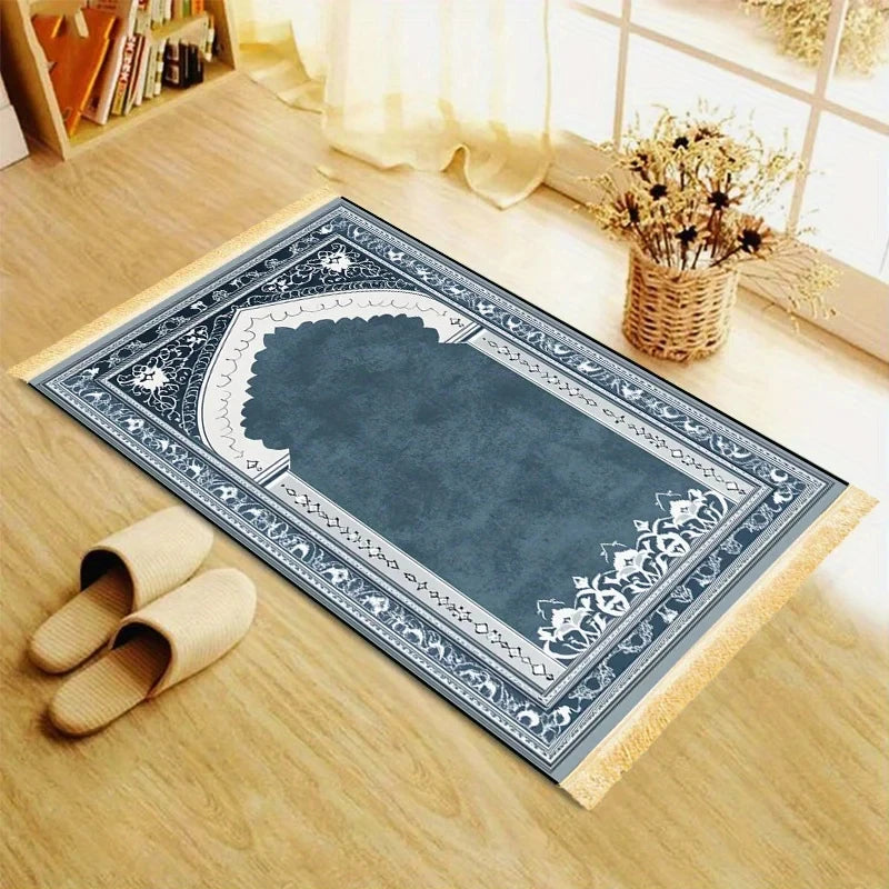 Tapis de prière arche bleu-gris — doux et antidérapant