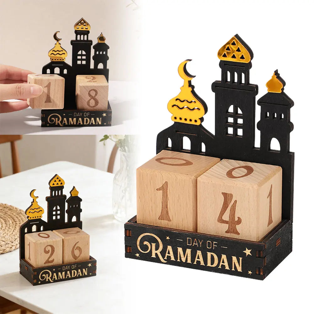 Calendrier du Ramadan en bois — blocs à tourner, mosquée découpée