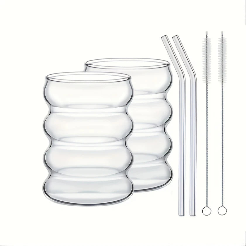 Verres ondulés en verre borosilicate — avec paille en verre et goupillon