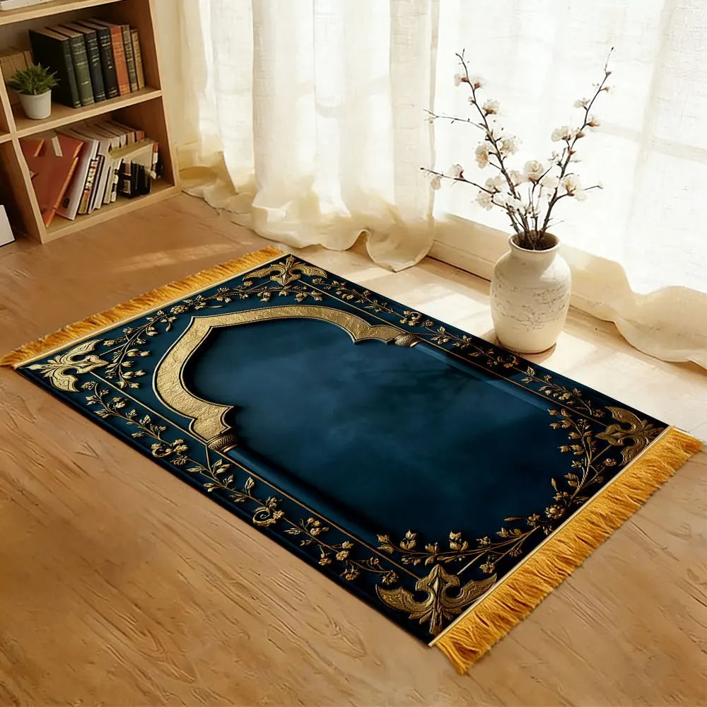 Tapis de prière arche bleu canard et or — velours