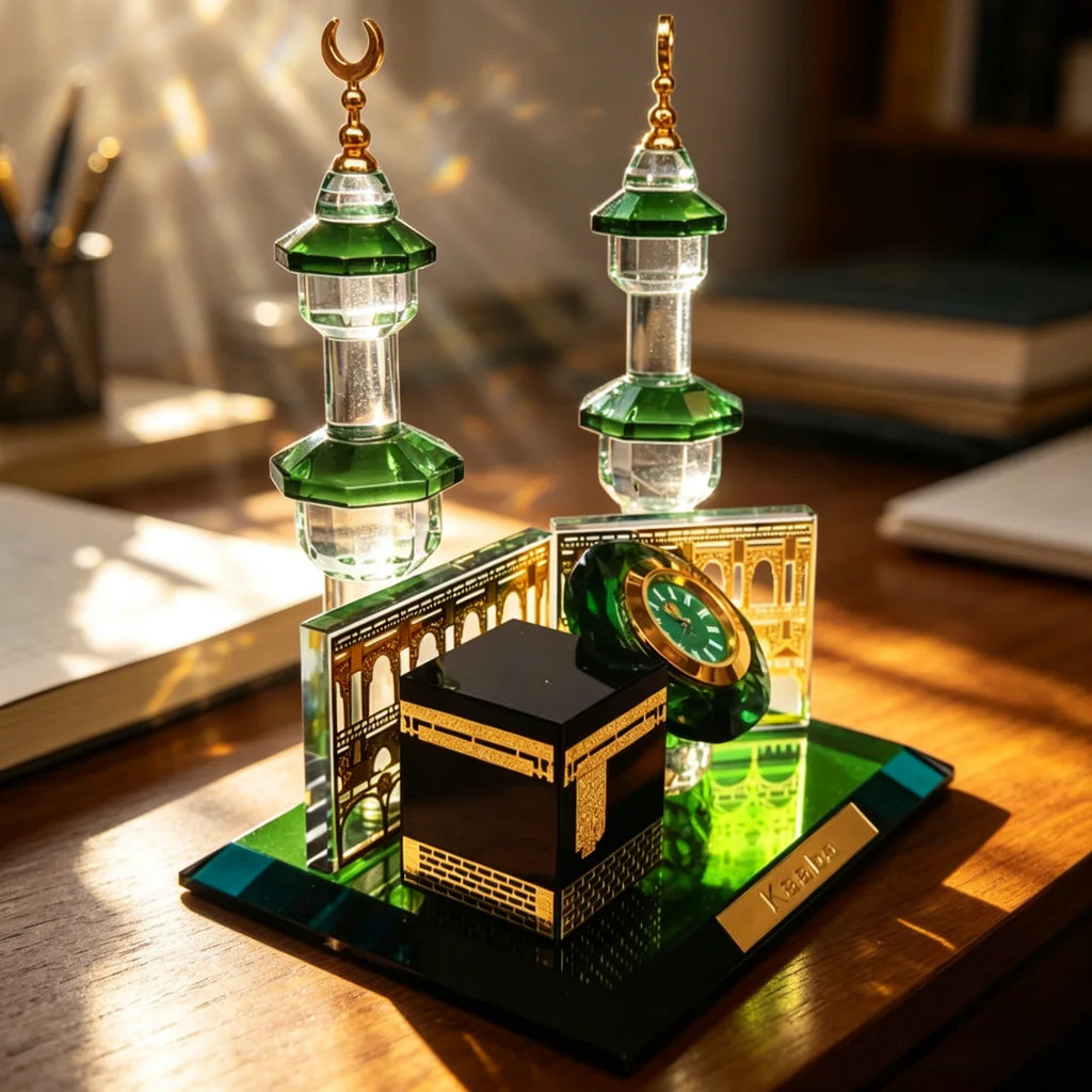 Maquette en cristal — la Kaaba et la mosquée du Prophète